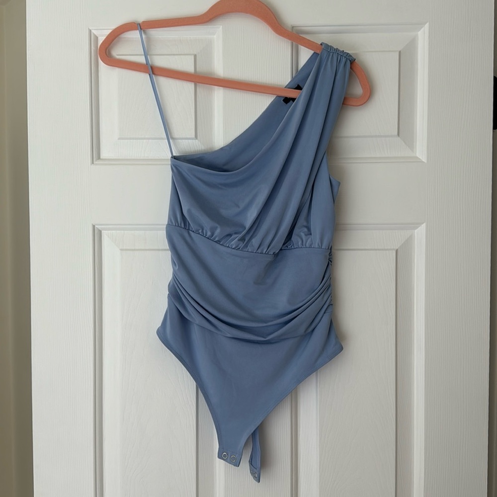 Express One Shoulder Satin Baby Blue Bodysuit